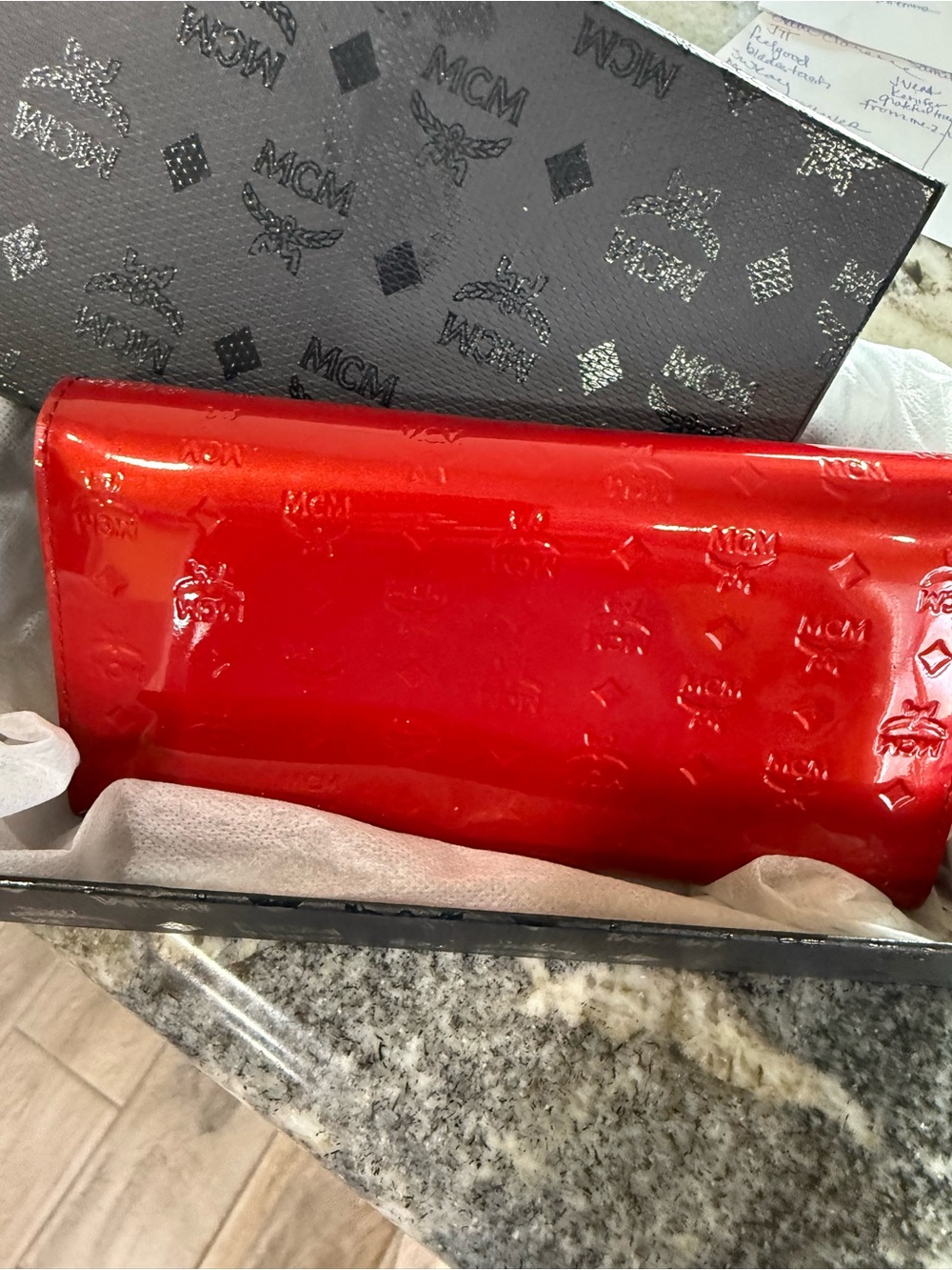 MCM Shiny Red Patent Logo-Embossed Continental Wallet with Gold Accents - Picture 10 of 10